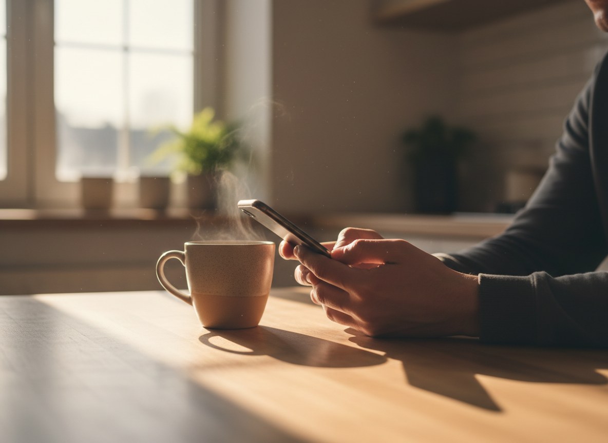 A person's hands holding a phone at a kitchen table beside a mug of coffee, screen not readable, soft morning light.