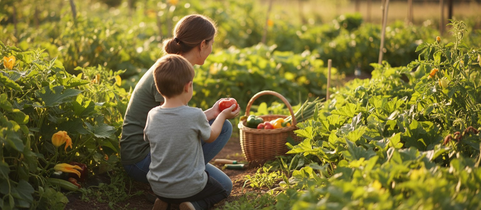 A volunteer and a child harvesting fresh vegetables together in a thriving community garden at golden hour, a basket of produce beside them, both turned away from the camera.